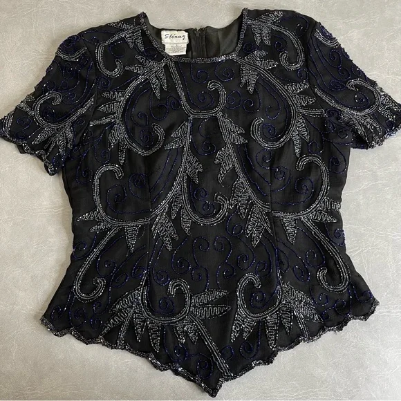 Vintage Stenay Black and Blue Beaded Silk Blouse - Picture 8 of 8